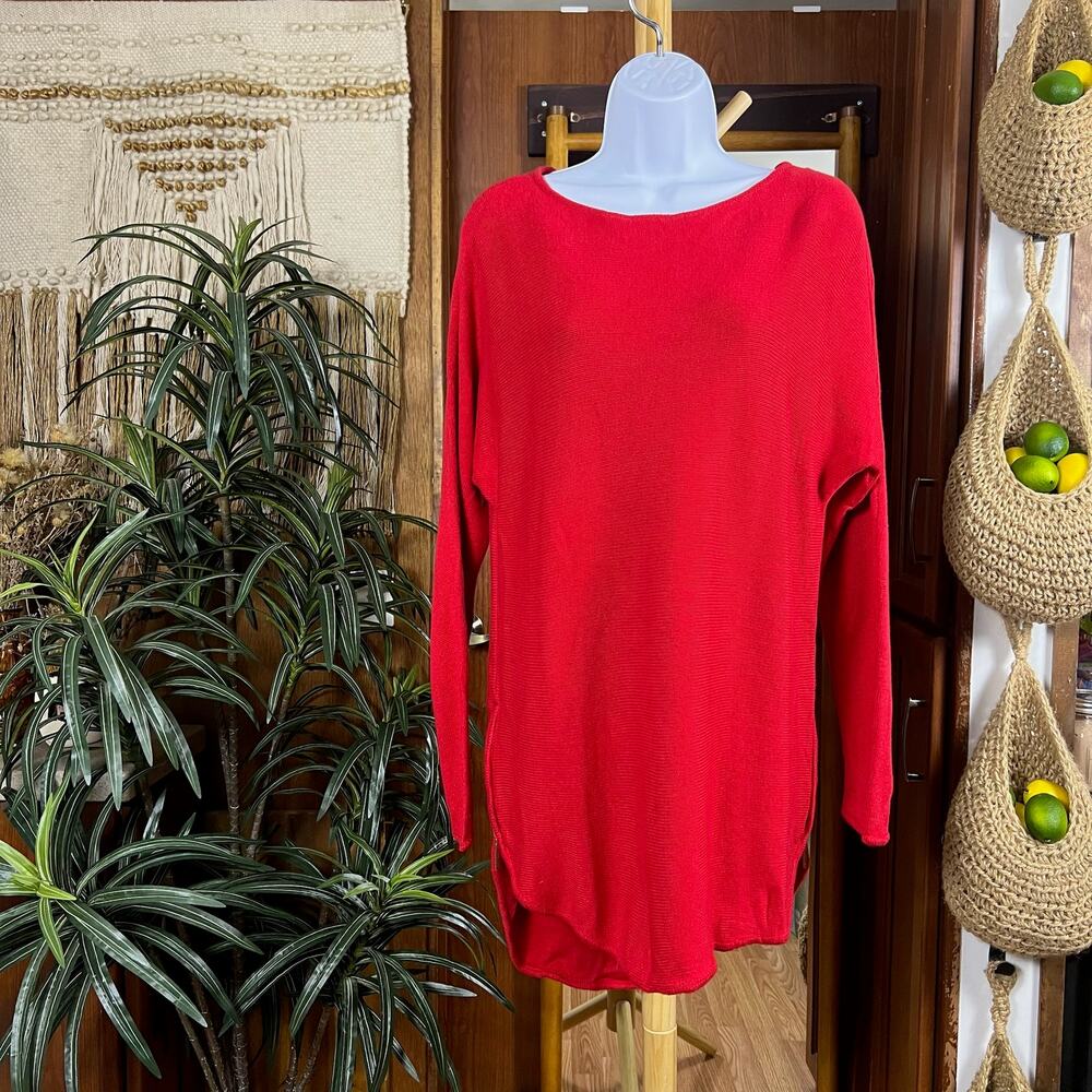 Michael Kors Red Tunic Sweater M Gold Zip High Low Hem Luxe Knit Casual Pullover